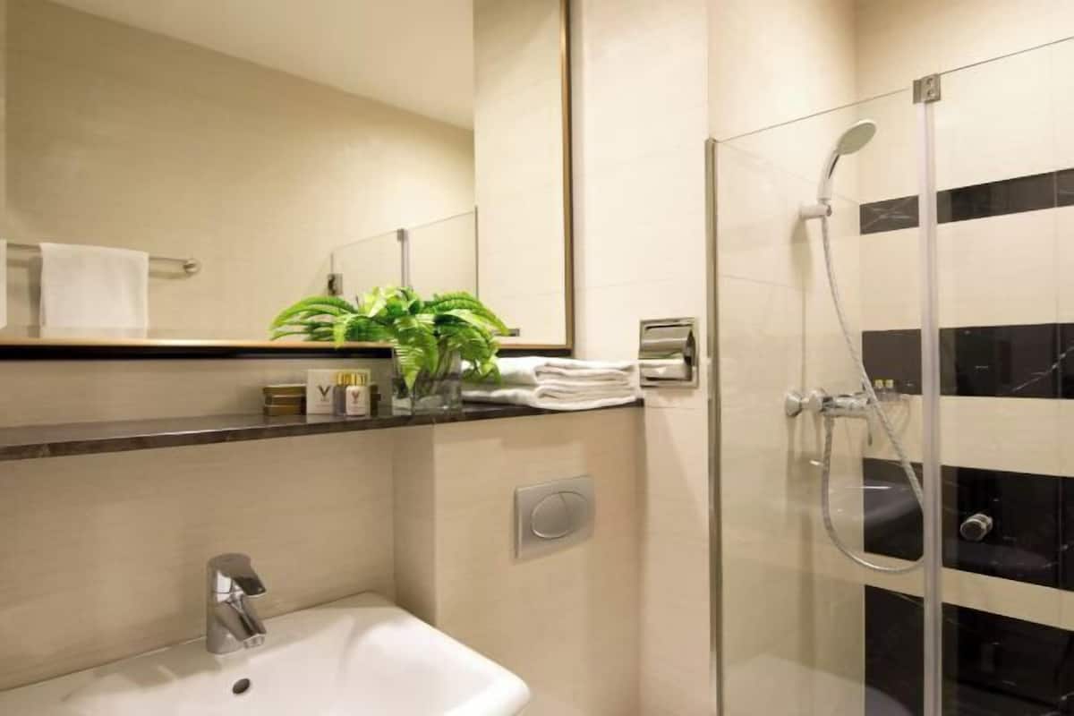 Shower, free toiletries, hair dryer, slippers