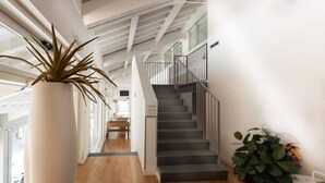 A modern interior with a staircase, wooden flooring, and potted plants.