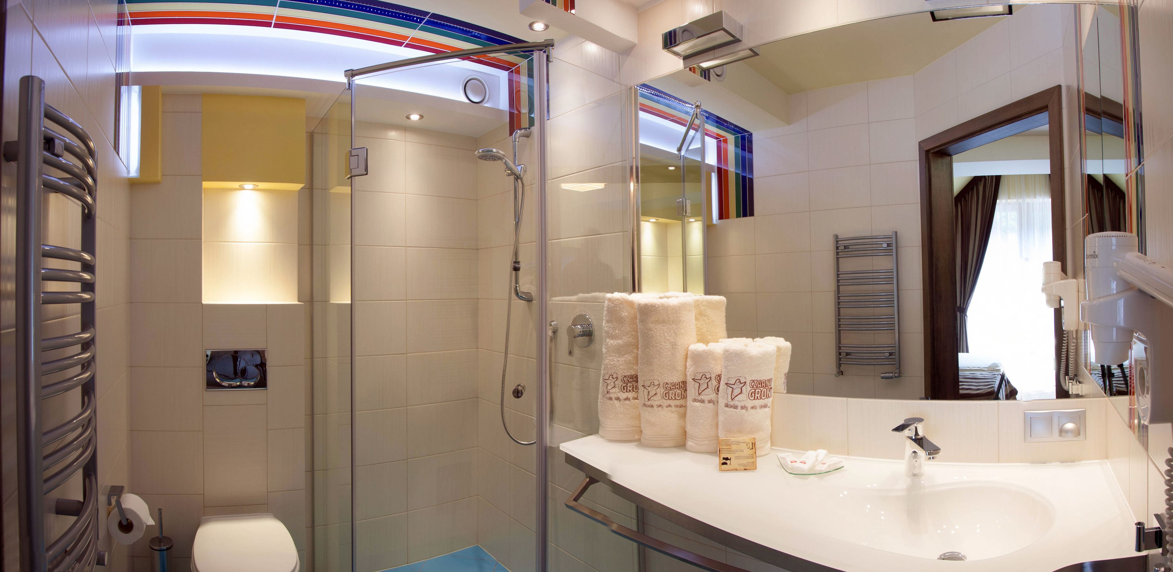 hair dryer, bathrobes, slippers, heated floors