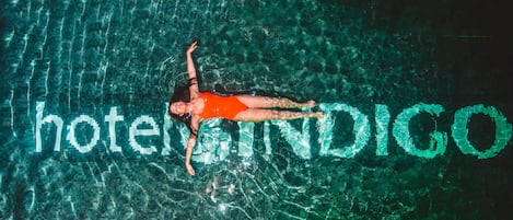 Seasonal outdoor pool, open 10:30 AM to 7:00 PM, sun loungers