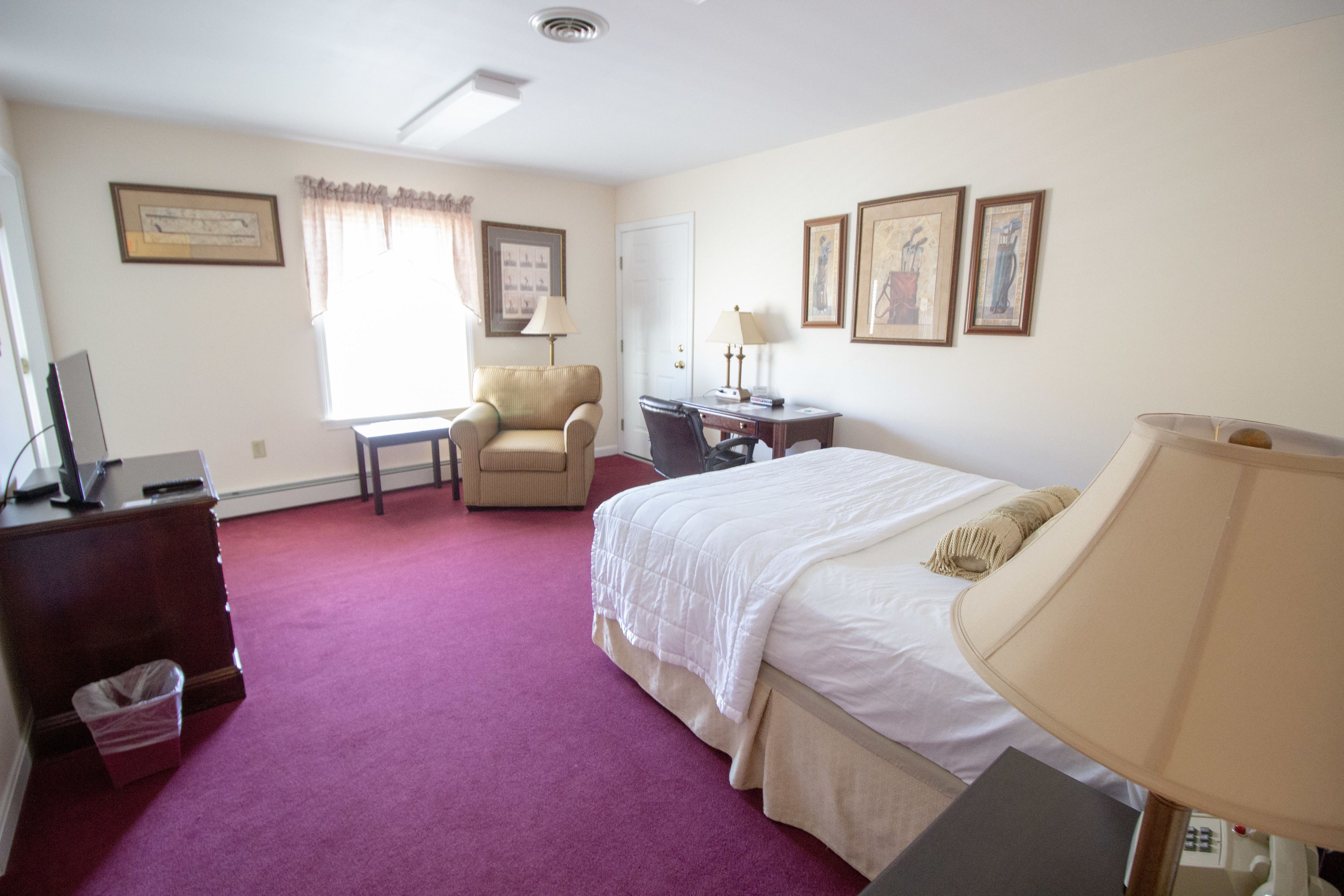 Une chambre d’hôtel avec un lit, un bureau, une chaise, une télévision et une lampe.