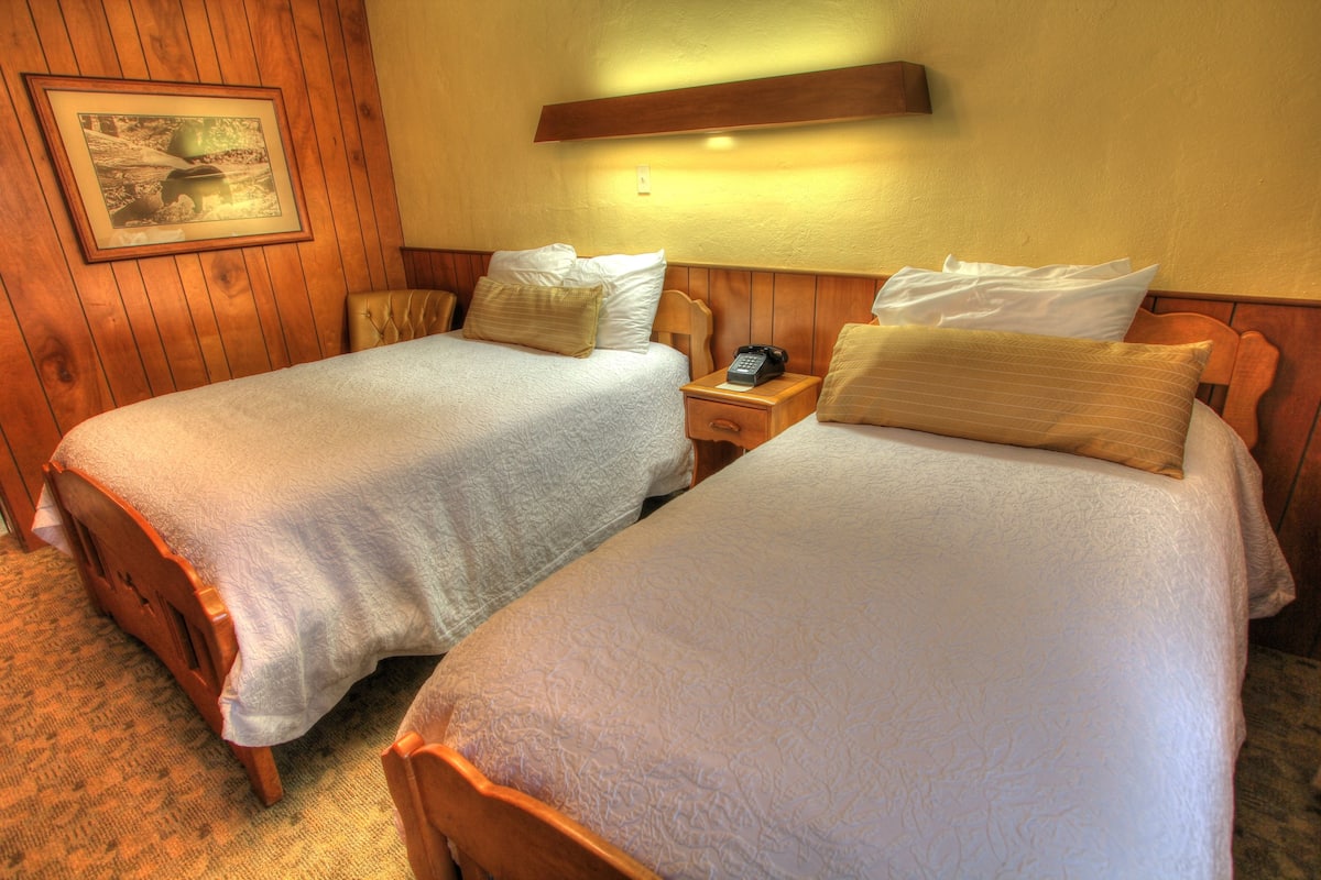 A room with two beds, wooden headboards, a nightstand with a phone, and a framed picture on the wall.
