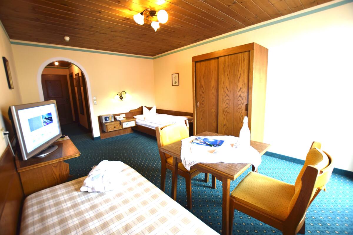 A hotel room with a bed, a desk, a chair, a television, and a wardrobe.