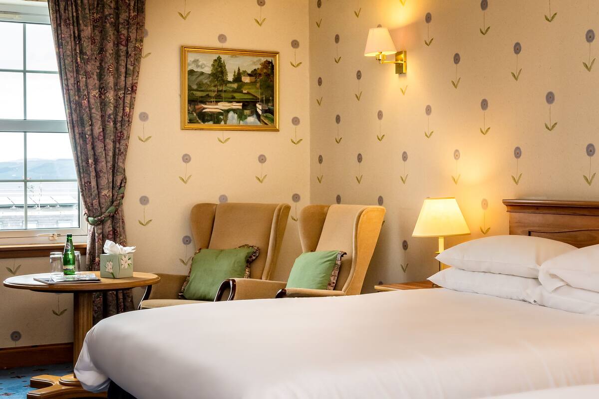 A hotel room with a large bed, two armchairs, a small table with a bottle and tissues, a lamp, and a painting on the wall.