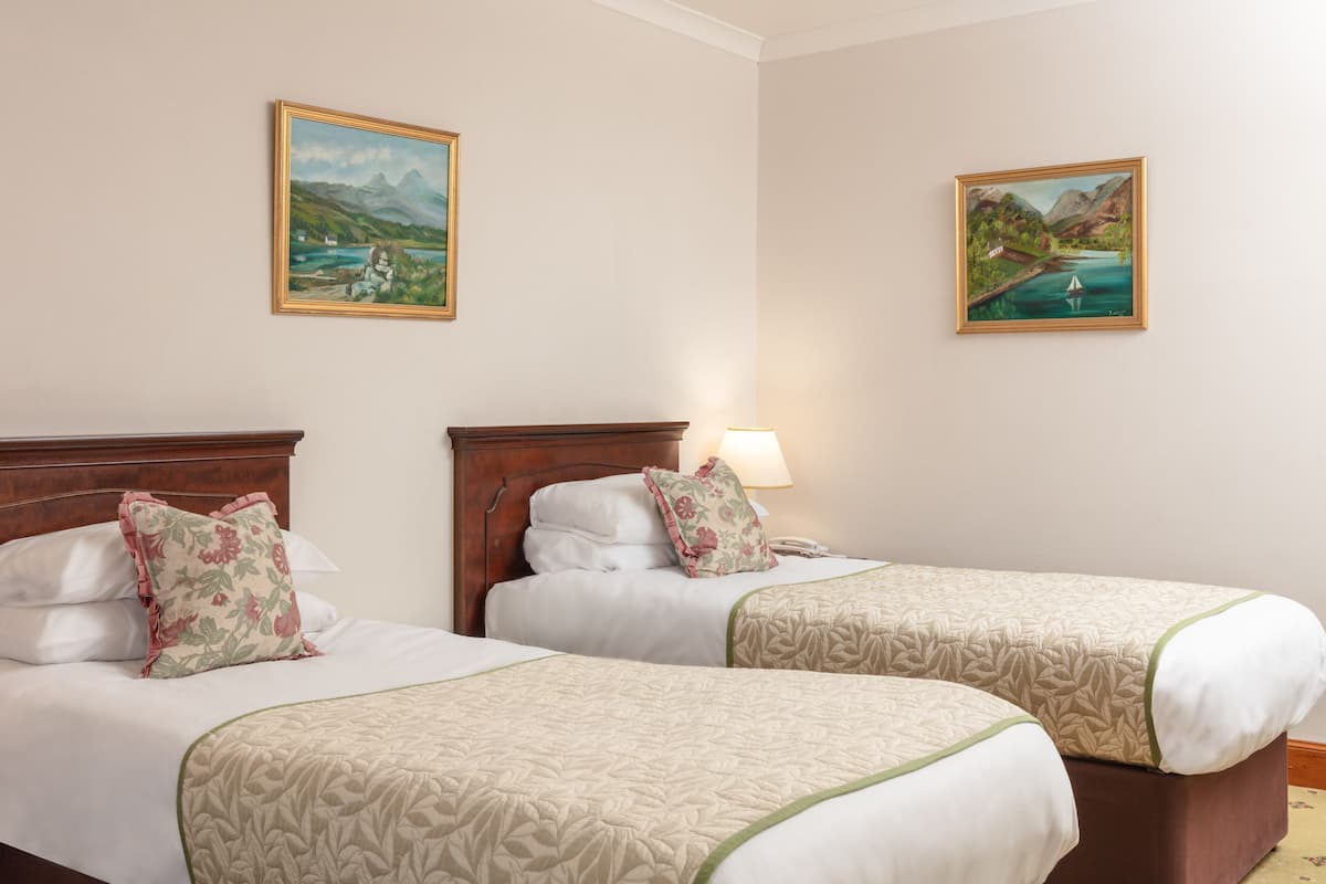 Two single beds with wooden headboards, white bedding, and floral-patterned pillows.