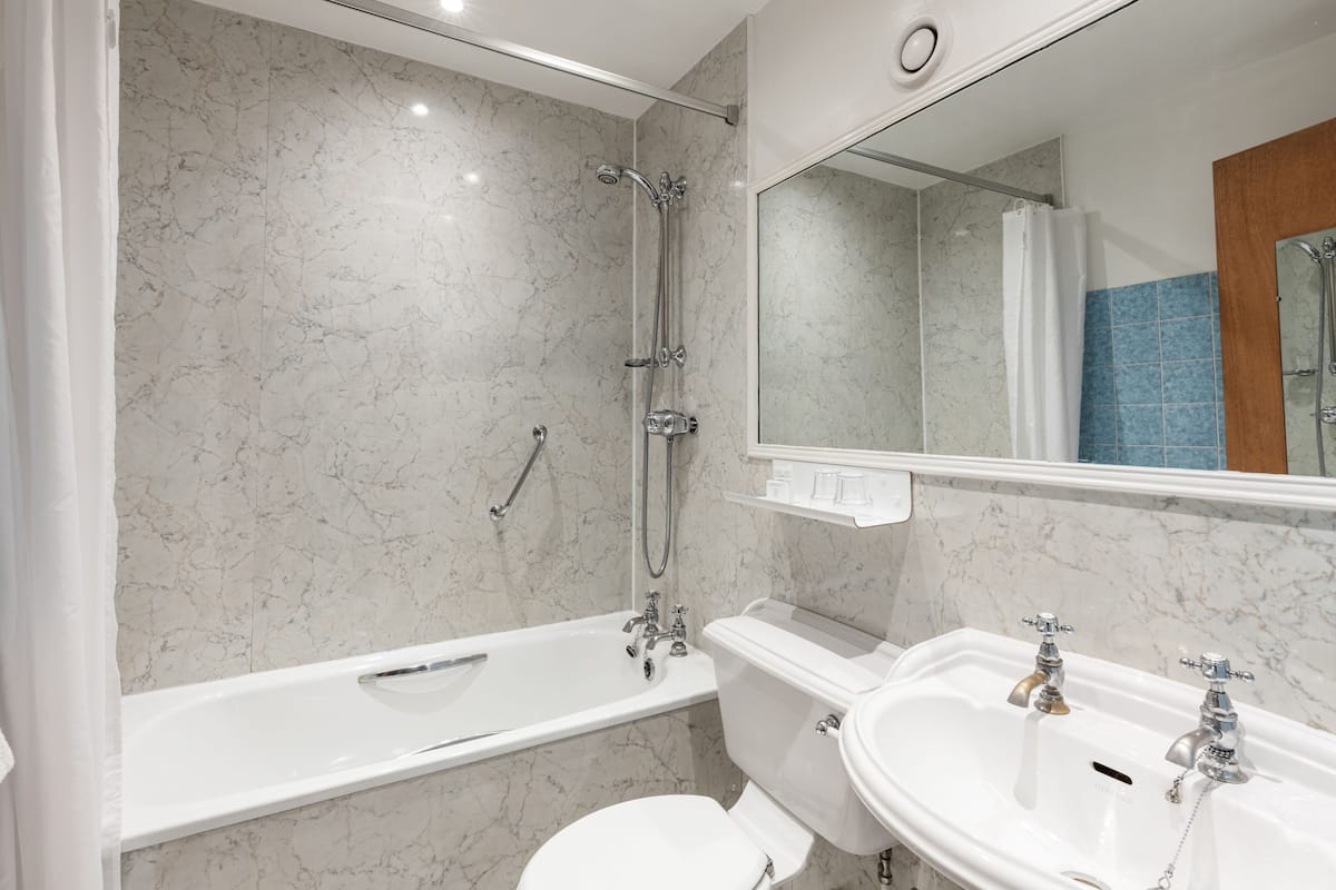 combined shower/bathtub, free toiletries, hair dryer, bathrobes