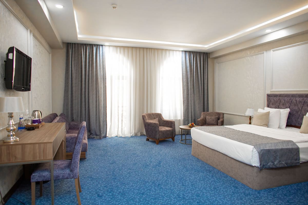 Ein Hotelzimmer mit einem Bett, einem Schreibtisch, einem Stuhl, einem Fernseher und einem Fenster mit Vorhängen.