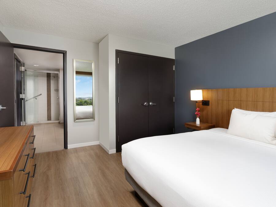 A modern hotel room with a large bed, a wooden desk, a TV, a wardrobe, and a view of the outdoors.