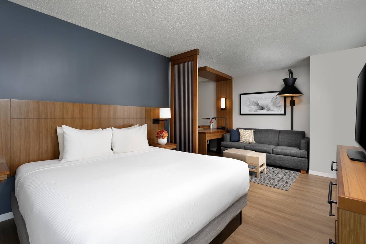Een hotelkamer met een groot bed, een bureau, een bank, een televisie en een lamp.