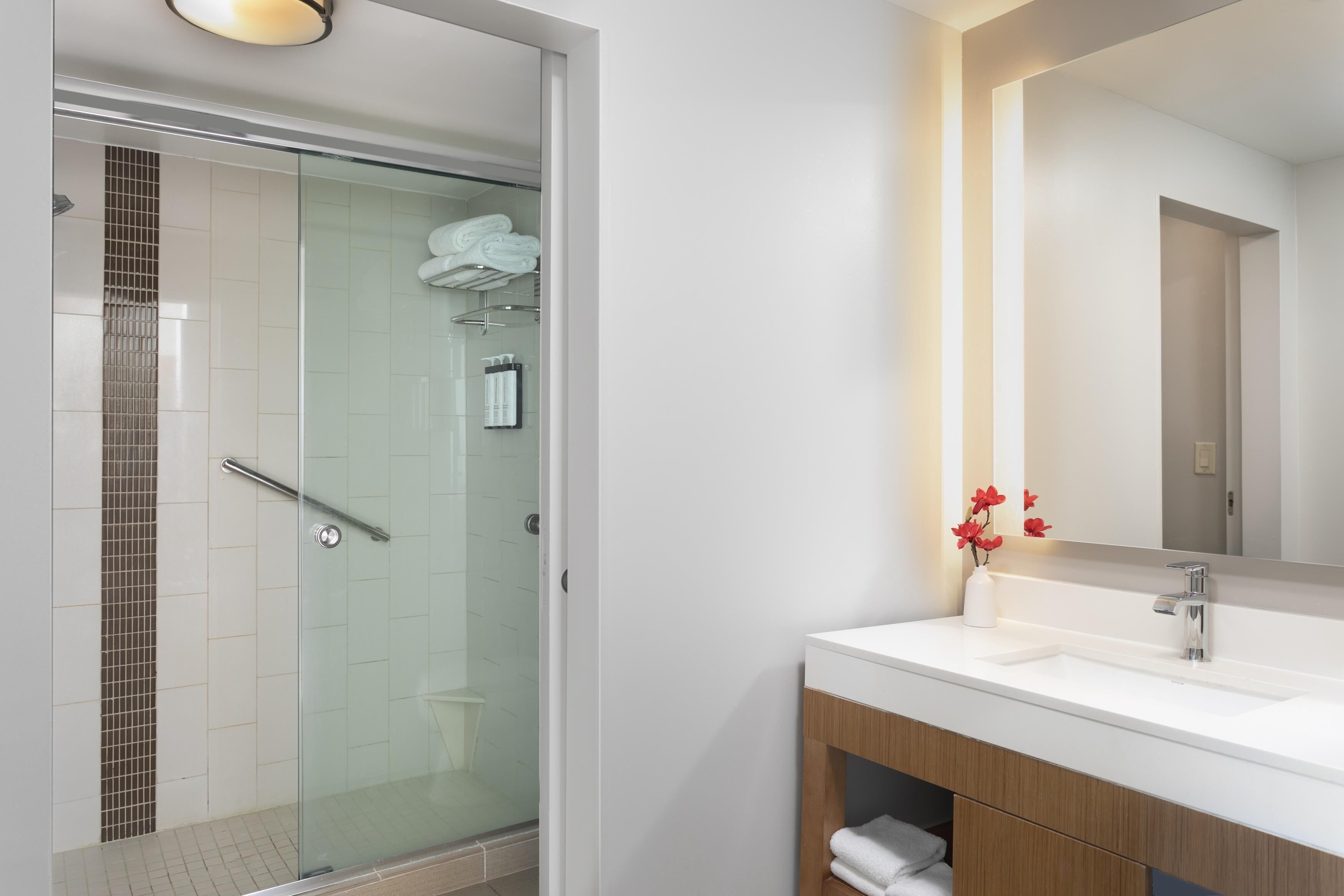 Un baño moderno con ducha de vidrio, un lavamanos blanco y un espejo sobre el mueble de tocador.