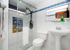 Badrum | Dusch, duschhuvud med massagefunktion och hårtork