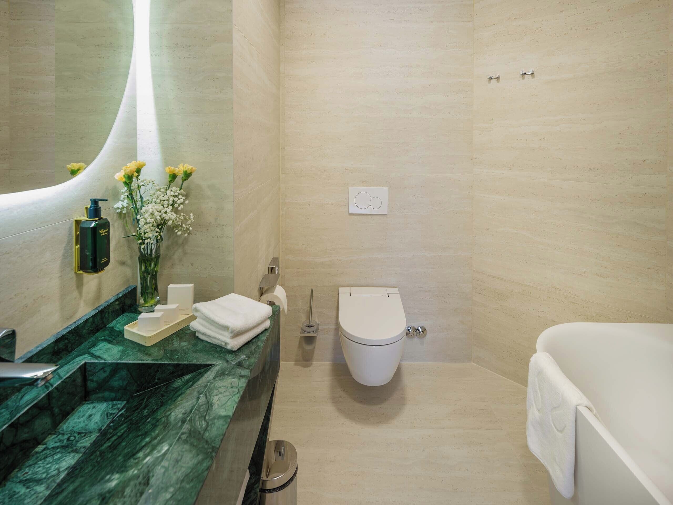 Un baño moderno con encimera de mármol, inodoro y bañera.