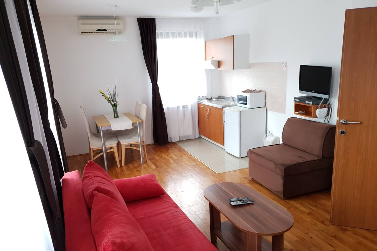 A compact living space with a red sofa, a small wooden table, a kitchenette, a TV, and a door.