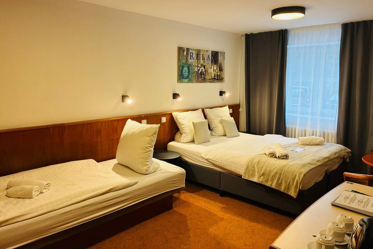 A hotel room with two beds, a wooden headboard, a painting on the wall, and a view of the street through the window.