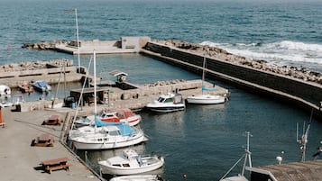 A marina with boats docked, a pier, and a small building.