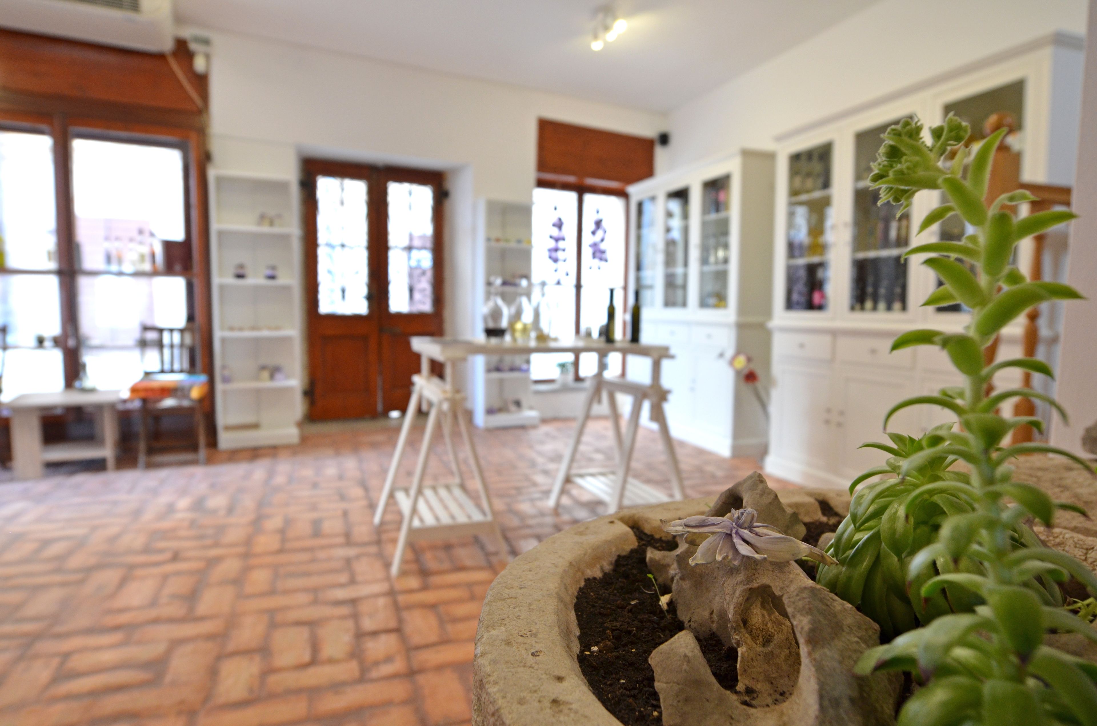 Una habitación con piso de ladrillo, muebles blancos y una planta en maceta.