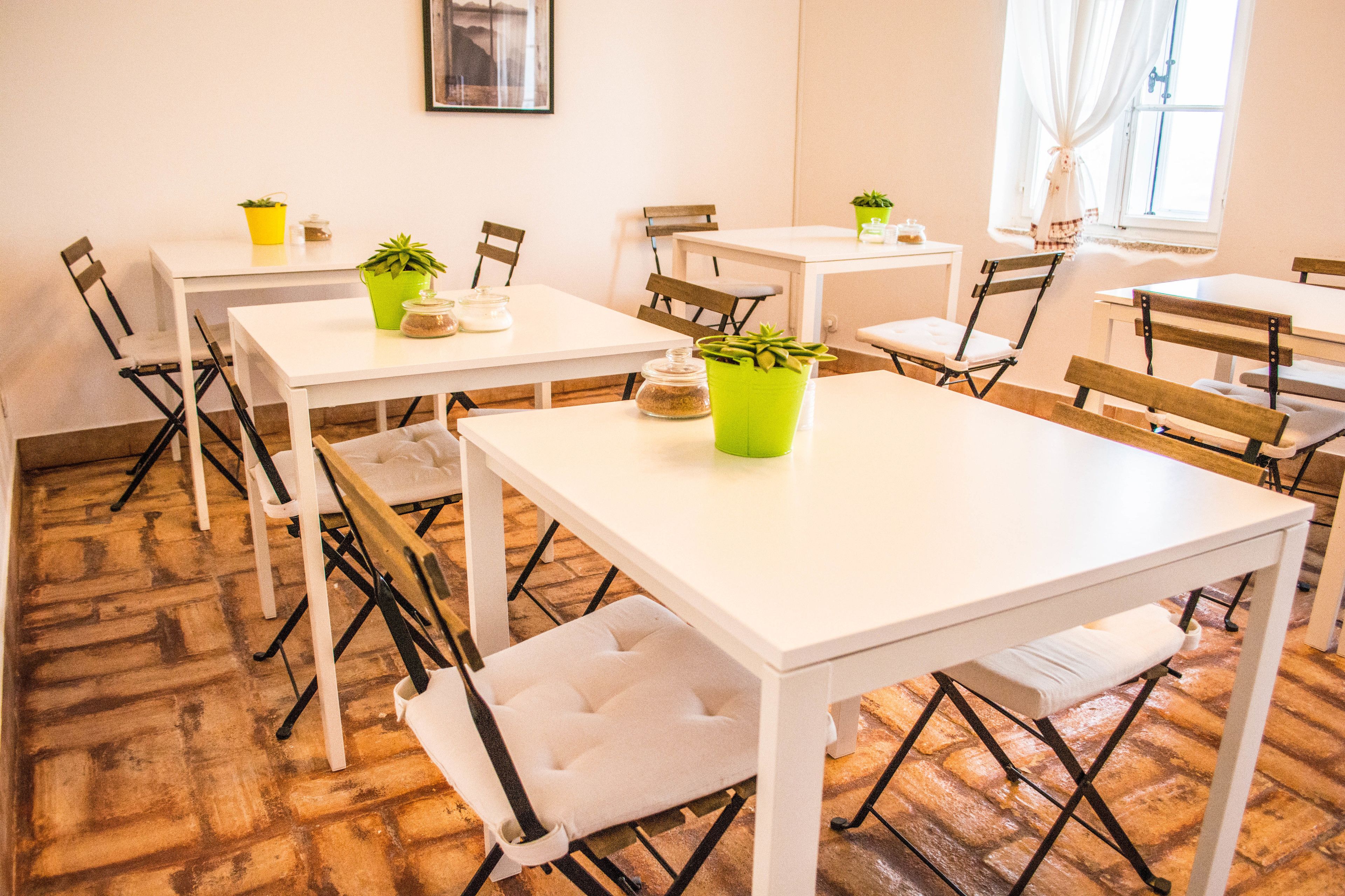 A room with white tables and chairs, each with a green plant on the table.