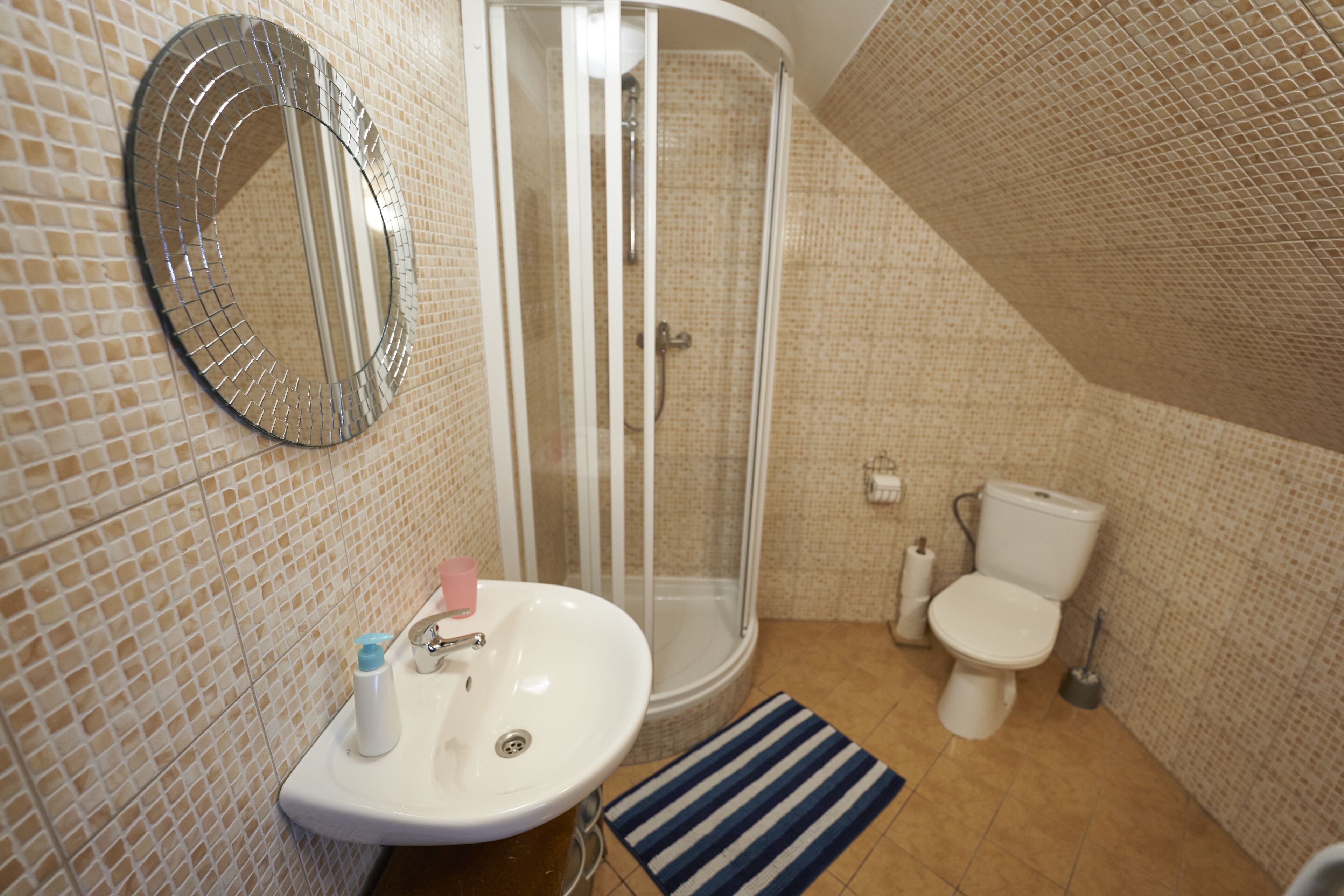 A bathroom with a sink, toilet, shower, and a mirror.