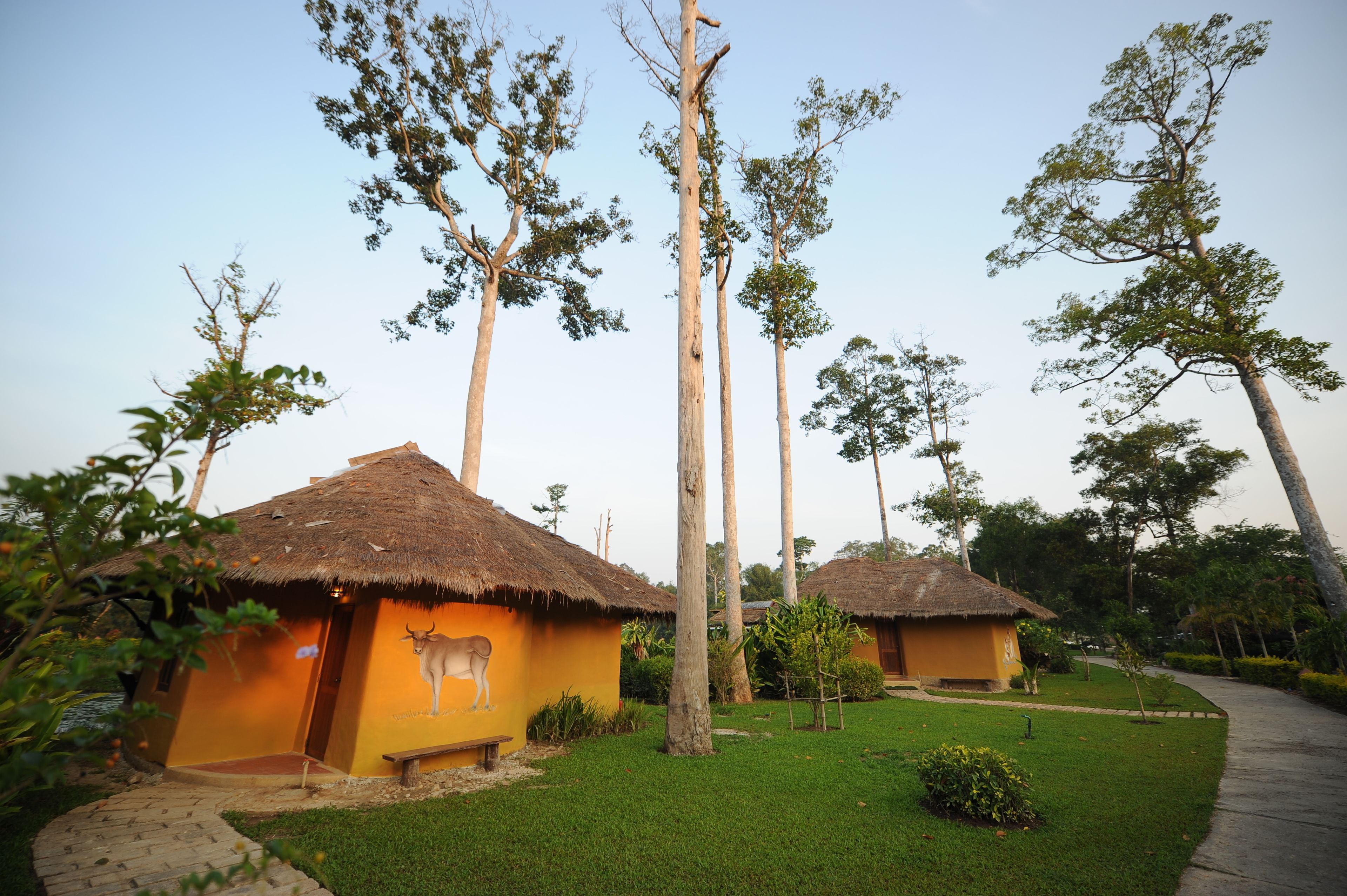 A thatched-roof hut with a bench outside, surrounded by a well-maintained lawn and tall trees.