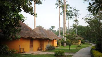 A row of thatched-roof cottages with a paved pathway and greenery.