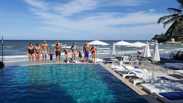 Outdoor pool, pool umbrellas, pool loungers