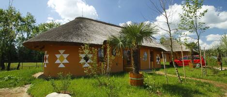 A house with a thatched roof, surrounded by greenery and a dirt path.