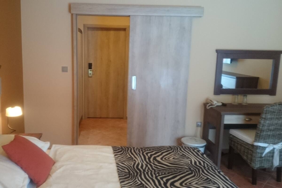 A hotel room with a bed, a desk, a chair, a mirror, and a door leading to another room.