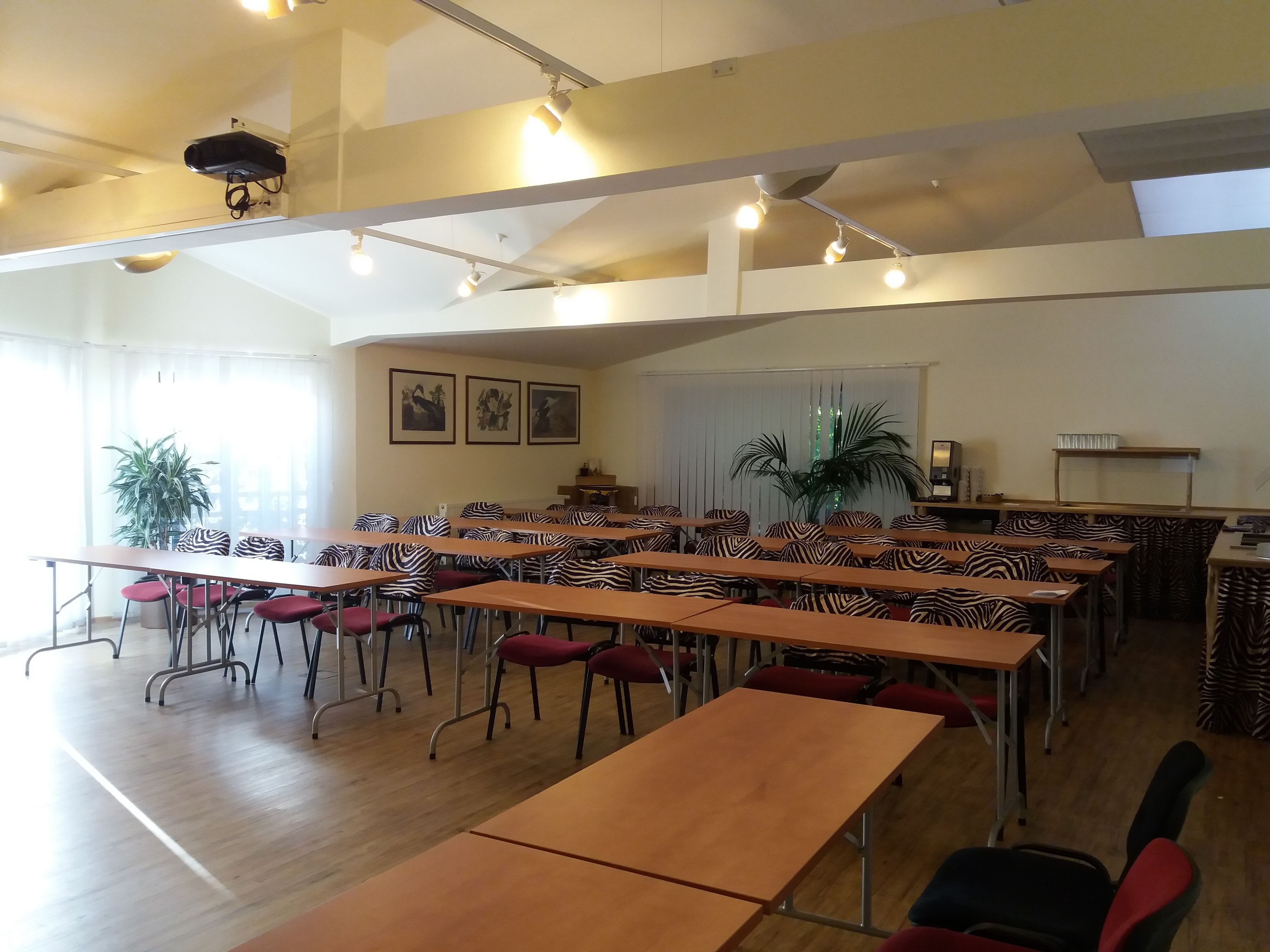 Un salón de conferencias con varias mesas y sillas, luces en el techo y cuadros en la pared.