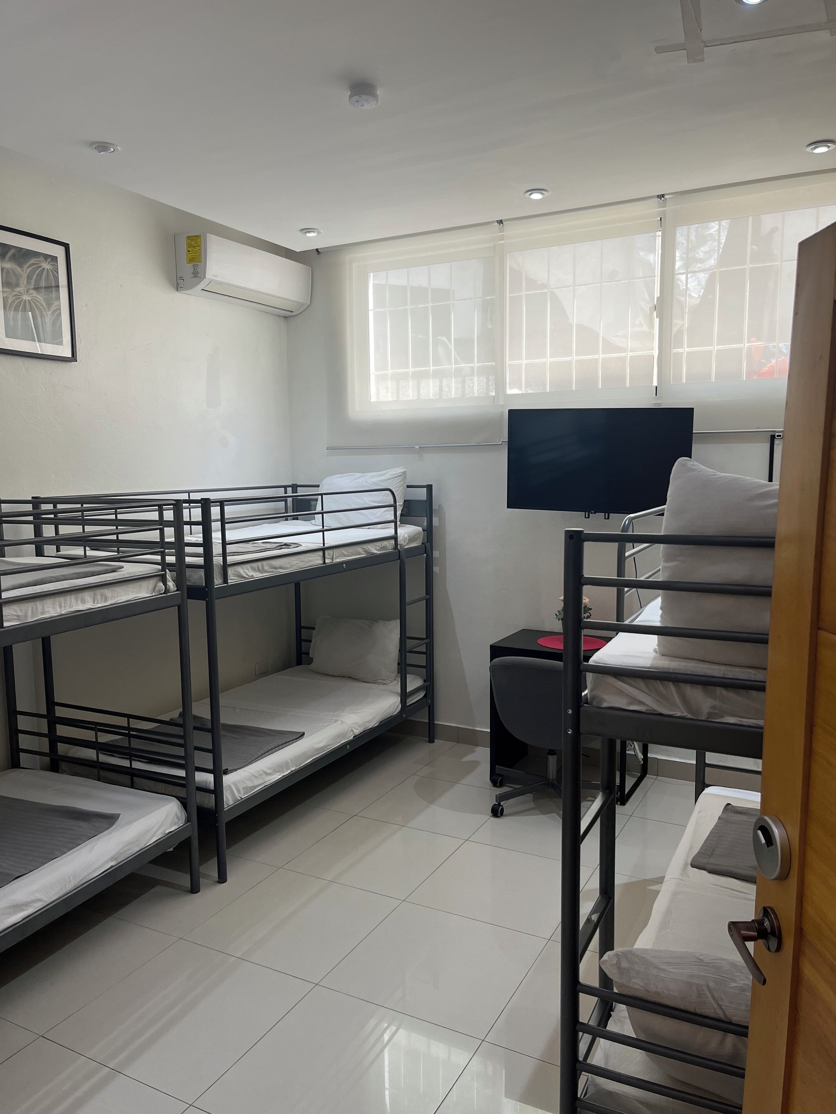 A dormitory room with bunk beds, a desk, a chair, and a television.
