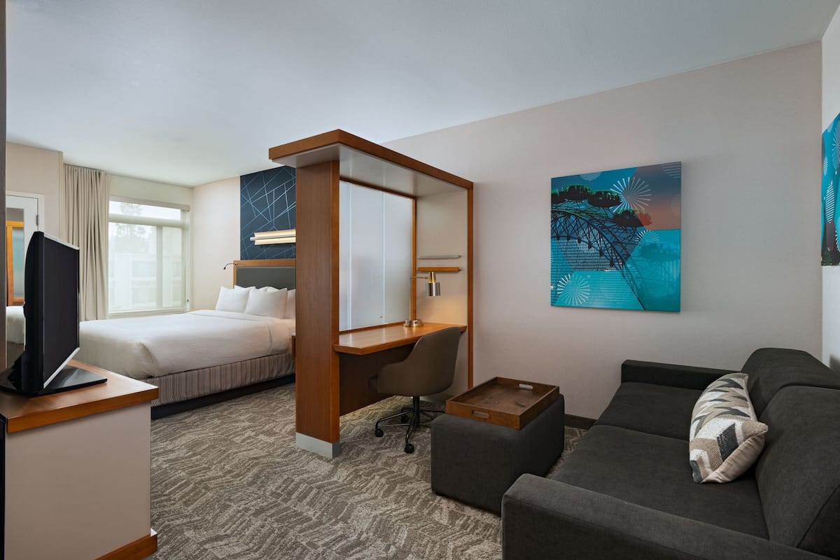 A hotel room with a bed, a desk, a TV, a sofa, and artwork on the walls.