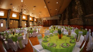 Een feestzaal met ronde tafels, witte stoelen en groene tafelkleden.