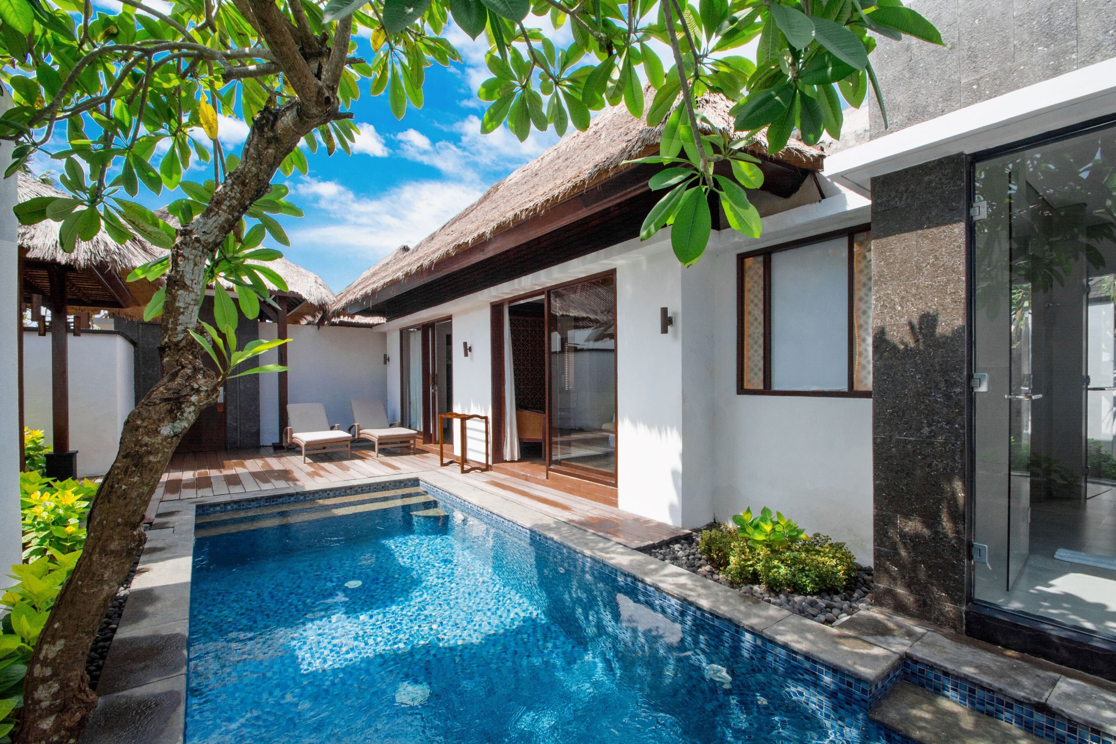 A modern pool area with a clear blue pool, surrounded by white walls and a thatched roof structure.