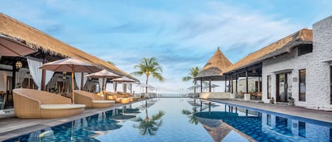 Outdoor pool, pool umbrellas, pool loungers