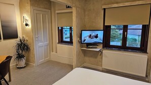 Un dormitorio con televisión, una planta en maceta, una cama y una ventana con vista al exterior.