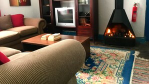 A living room with a sofa, a television, a fireplace, and a bookshelf. - Athenian Villa (Caledon)