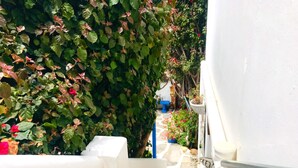 A narrow outdoor staircase with a white wall on one side and a lush green hedge on the other. - Athenian Villa (Caledon)