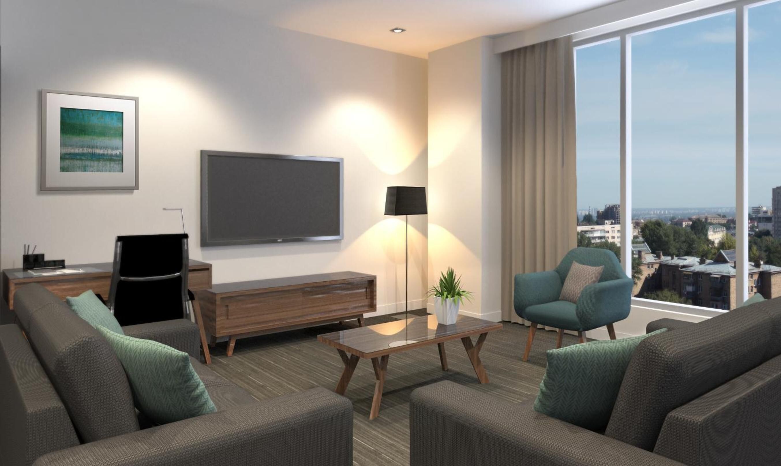 A modern living room with a flat-screen TV, a coffee table, and two armchairs.