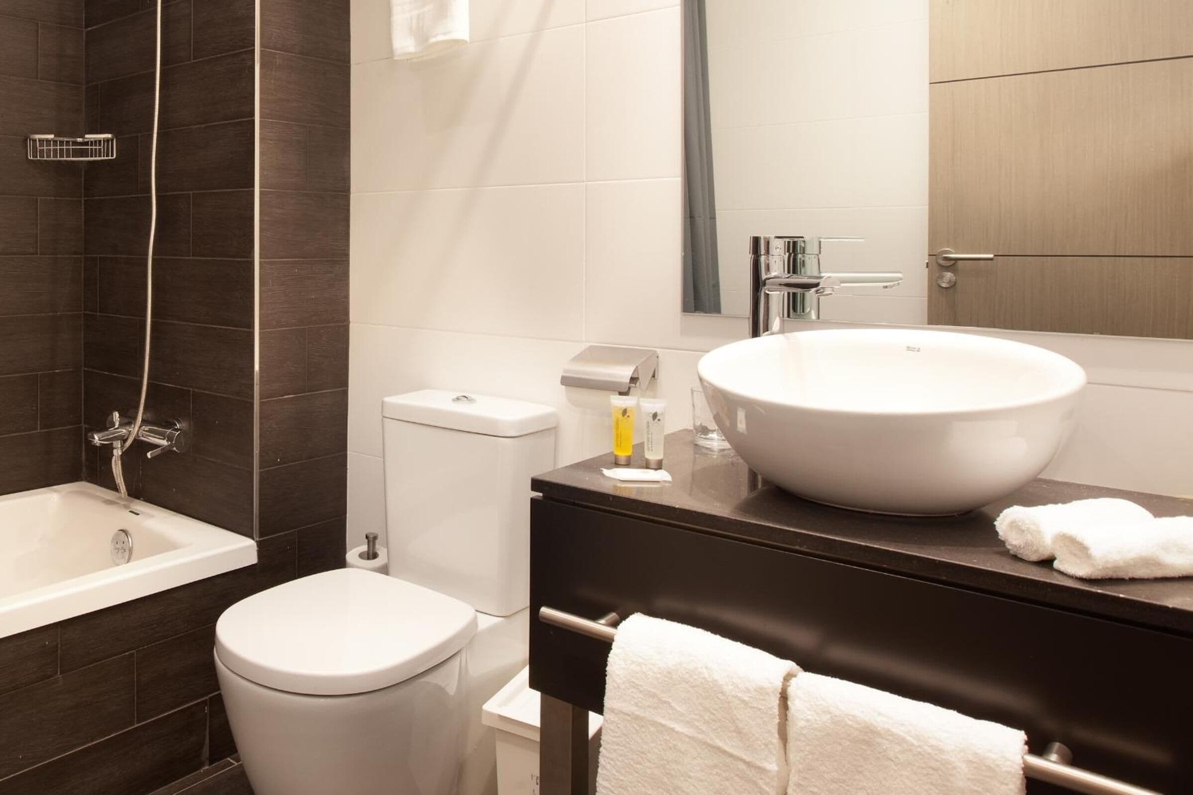 combined shower/bathtub, free toiletries, hair dryer, towels