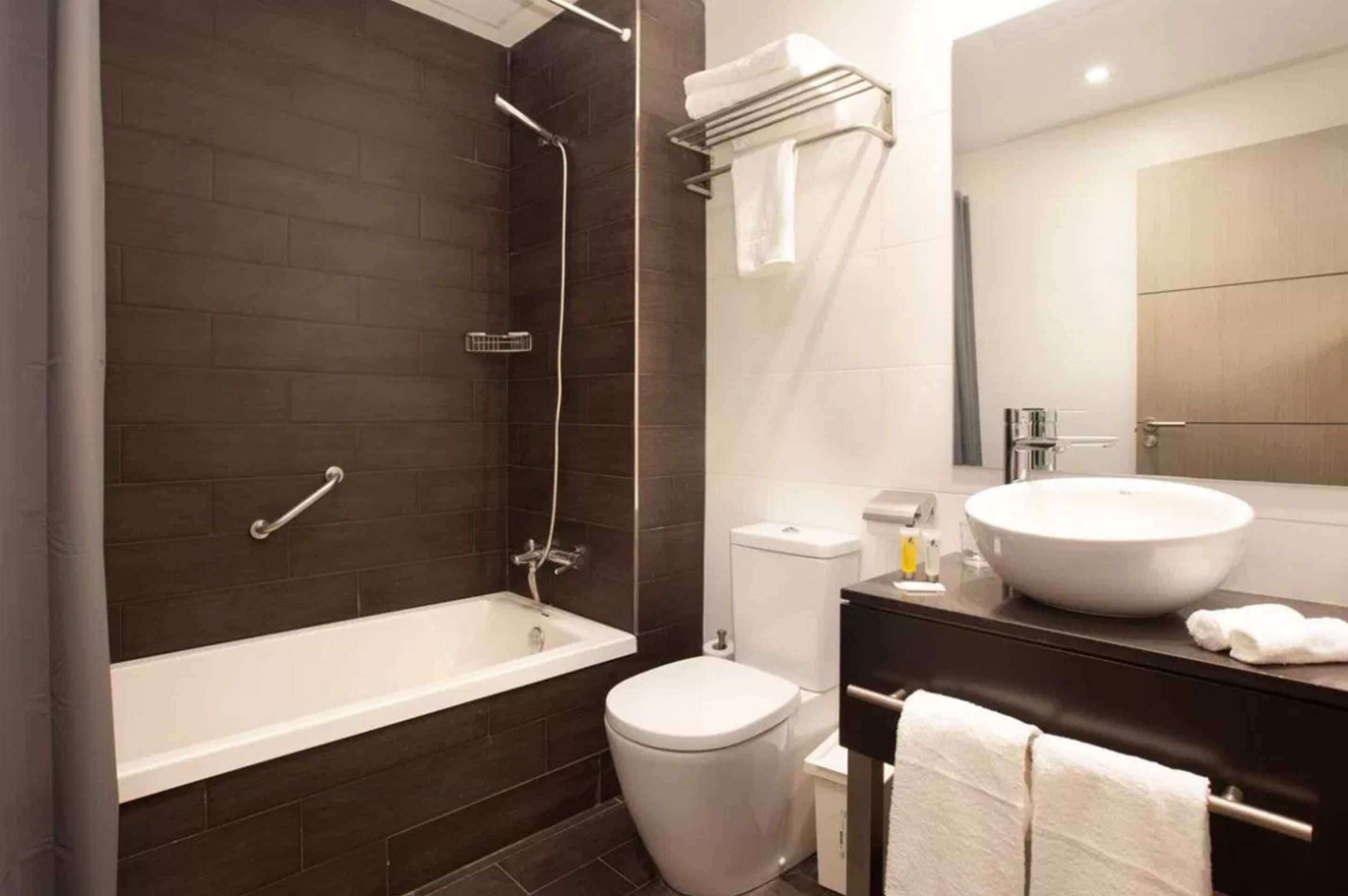 combined shower/bathtub, free toiletries, hair dryer, towels