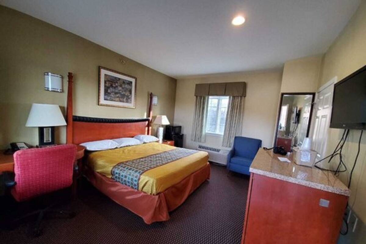 Habitación de hotel con una cama, un escritorio, una silla, un televisor y una ventana.