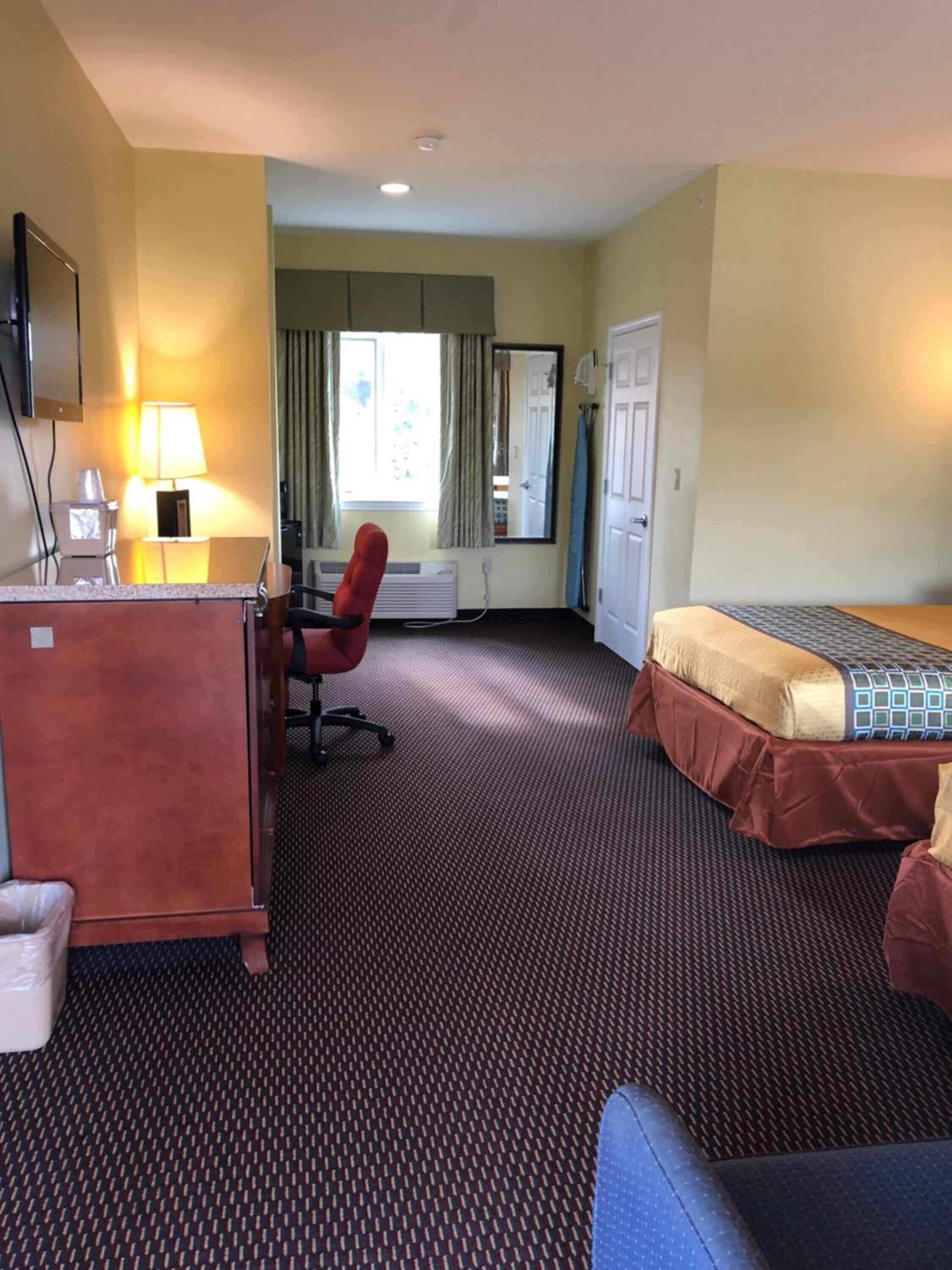 Habitación de hotel con una cama, un escritorio con lámpara, una silla, una ventana con cortinas y una puerta.