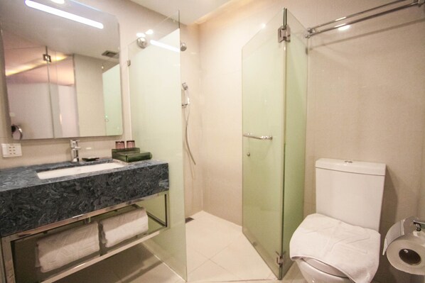 A modern bathroom with a glass-enclosed shower, a marble sink, and a toilet with a paper towel holder.