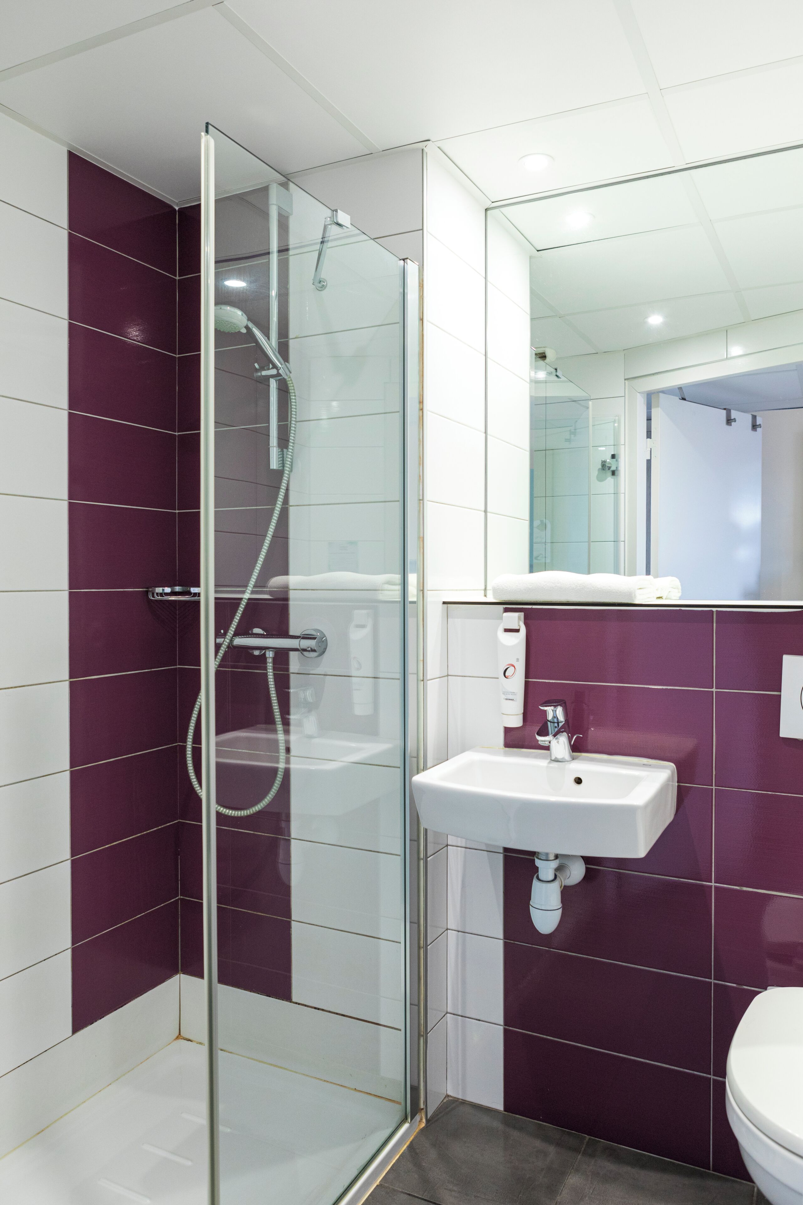 Ein modernes Badezimmer mit einer gläsernen Duschkabine, einem weißen Waschbecken und einem Spiegel darüber.