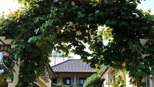 A pathway leading to a building with a traditional roof, flanked by neatly trimmed hedges and a vine-covered archway. - Garden Home Resort (Koh Samui)