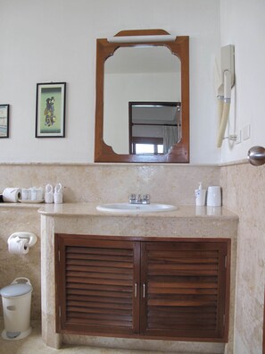 A bathroom with a sink, mirror, toilet paper, and a trash can.