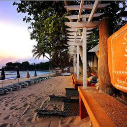 On the beach, sun loungers, beach umbrellas