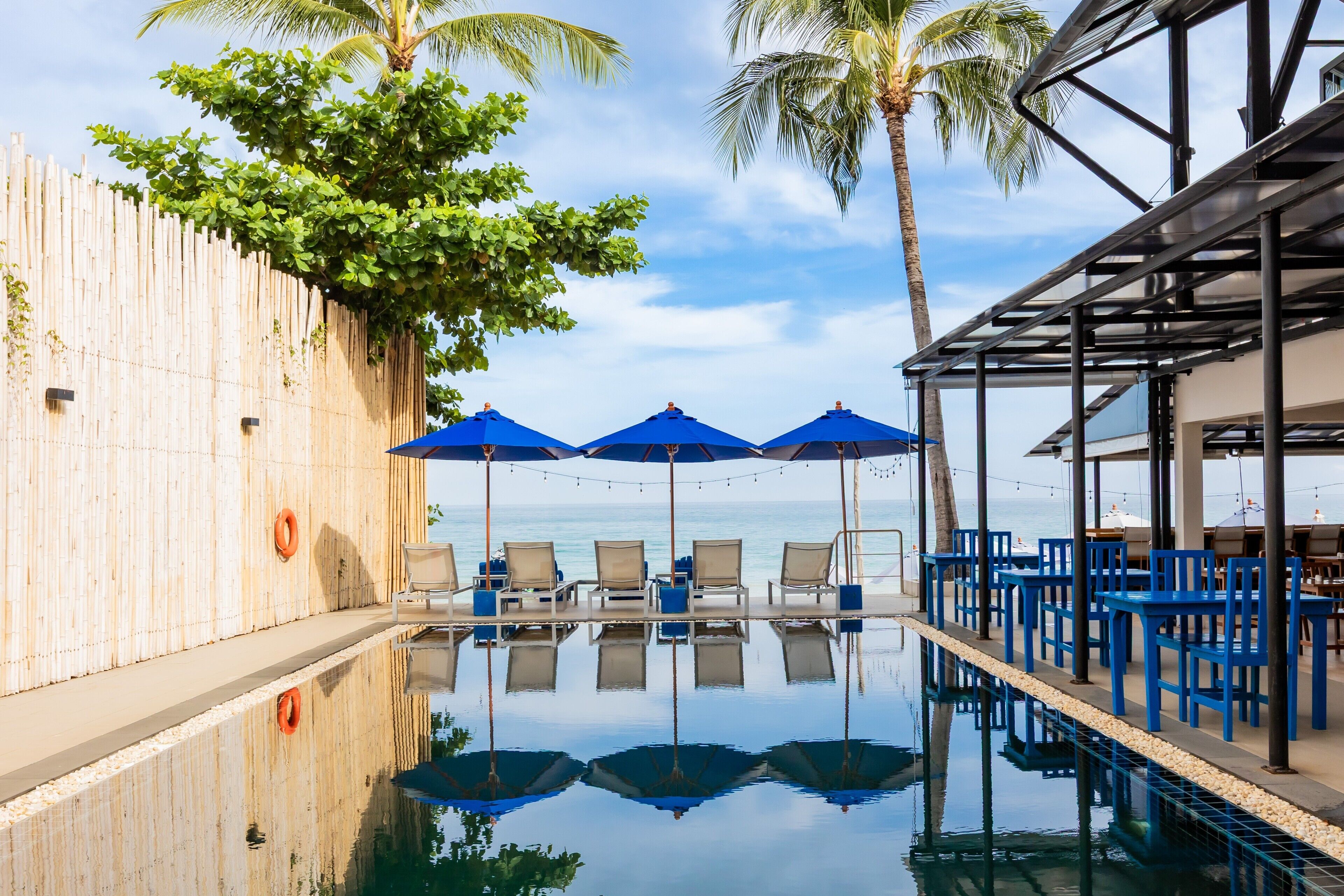 Piscine extérieure, parasols de plage, chaises longues