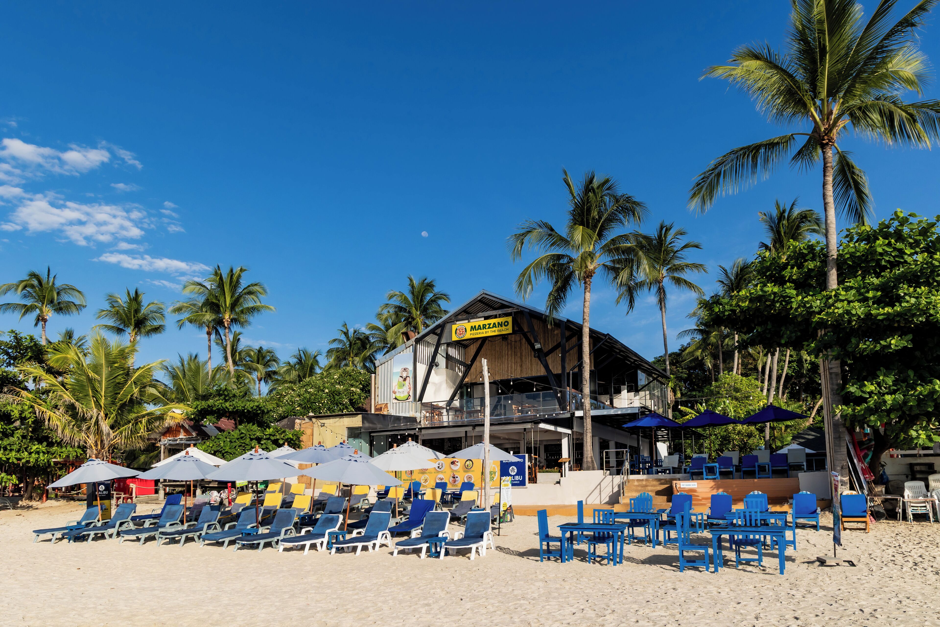 A beachside restaurant with outdoor seating, palm trees, and a clear sky.
