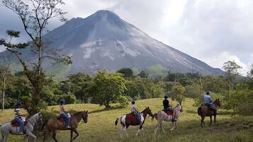 A group of people riding horses on a grassy field with a mountain in the background.