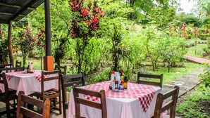 Restaurante ao ar livre com mesas cobertas por toalhas xadrez vermelhas e brancas, rodeado por vegetação exuberante e árvores.